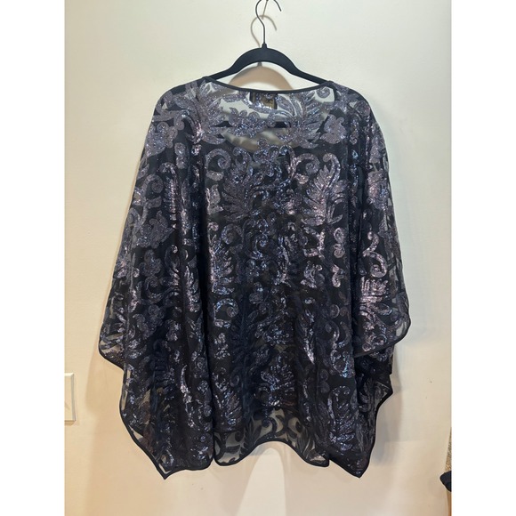 Bob Mackie Wearable Art Black Sequined‎ Lace Poncho Top 3X Gunmetal Artsy - Picture 3 of 6